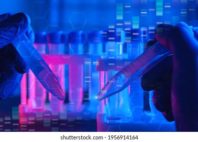 Biochemistry, Biomedicine, Biological Technology Research Concept, Medical Or Science Laboratory, Genome Sequencing, Hand In Glove Holding Test Tube In Red Blue Background