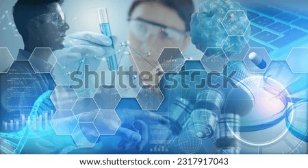 Biochemistry research conceptual background. Chemist technicians studying chemical samples in hospital laboratory