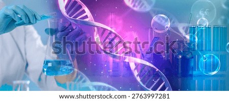 Biochemistry research. Scientist working, multiple exposure with DNA helix, molecules and laboratory glassware