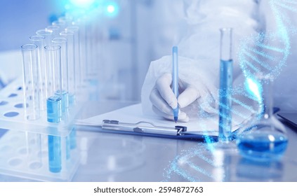 Biochemistry. Scientist working in laboratory, double exposure with test tubes and DNA structure