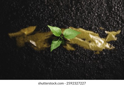 Biodegradable and Compostable Plastic Concept. Renewable Raw Materials. Young Plant Growth through Compostable Plastic and Black Soil. Top view