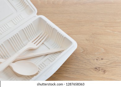 Biodegradable plastic lunch box, spoon and fork