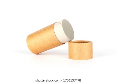 Biodegradable Recycling Paper Tube As Alternative Packaging Concept, Reusable Cardboard Containers For Packaging Isolated On White Background With Copyspace, Mockup