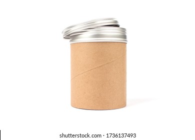 Biodegradable Recycling Paper Tube With Metal Lid As Alternative Packaging Concept, Reusable Cardboard Containers For Packaging Isolated On White Background With Copyspace, Mockup