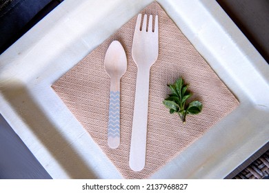 Biodegradable Square Shape Plate With Wooden Cutlery And Bamboo Napkin With Green Plant, Ecological Table Set For One, Close Up View 