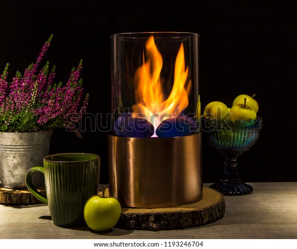 Bioethanol Fueled Portable Fireplace Burning Home Stock Photo