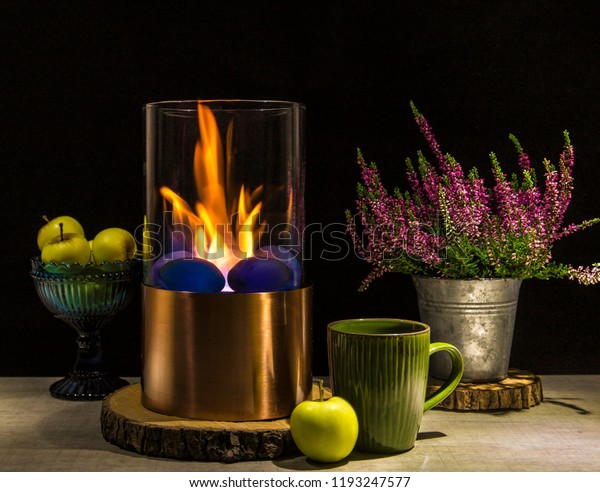 Bioethanol Fueled Portable Fireplace Burning Home Stock Photo