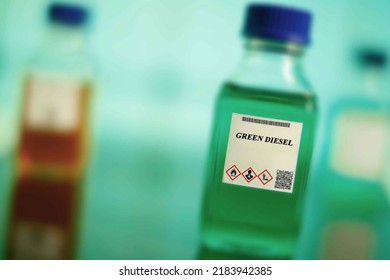 Biofuel In Chemical Lab In Glass Bottle Green Diesel