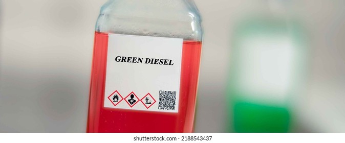 Biofuel In Chemical Lab In Glass Bottle Green Diesel