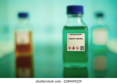 Biofuel In Chemical Lab In Glass Bottle Green Diesel