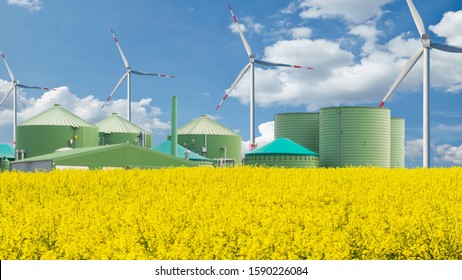 Biogas plant stands behind a rape field with blue sky
