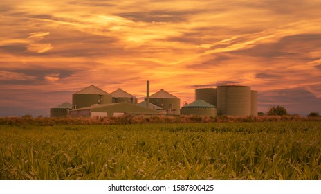 Biogas plant at a sunset