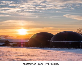 Biogas plant in the winter sunset