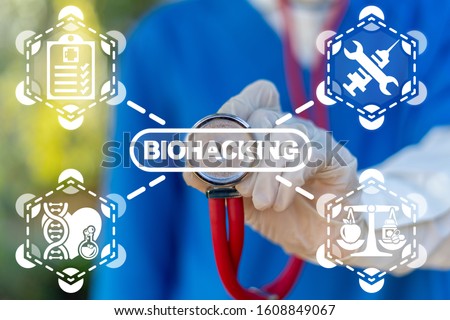 Biohacking Health Concept. Hack Diy Development Biology Laboratory DNA Nutrition Medications Tech.