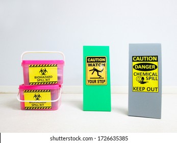 The Biohazard Spill Kit Boxes With Warning Danger Caution Biohazard Tag Sign Or Symbol For Emergency Response Situation When The Corona Virus Spill Out In Medical Room, Safety First In Laboratory.