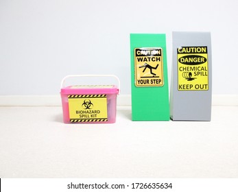 The Biohazard Spill Kit Boxes With Warning Danger Caution Biohazard Tag Sign Or Symbol For Emergency Response Situation When The Corona Virus Spill Out In Medical Room, Safety First In Laboratory.