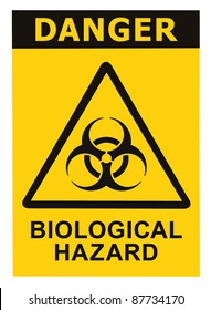 Biohazard symbol sign of biological threat alert, black yellow triangle signage text, isolated macro