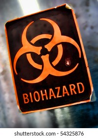 Biohazard Universal Symbol Danger Warning Label On A Hazardous Waste Container In A Science Research Lab