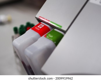 Biohazard Waste Container For The Disposal Of Waste That Contaminated With Pathogens. A Waste Container For A Blood Analyzer.