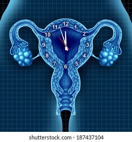 Biological clock ticking concept with a time piece over human uterus and ovaries as a fertility metaphor for the stress of making a baby versus the reproductive age of a woman.