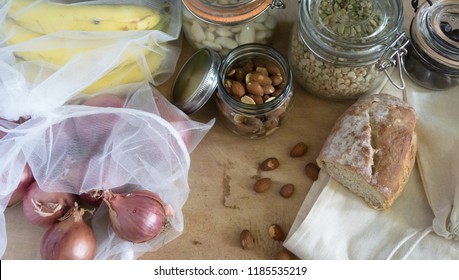 Biological Food In Zero Waste Containers, Net Sacks, Cotton Bags And Glass Jars