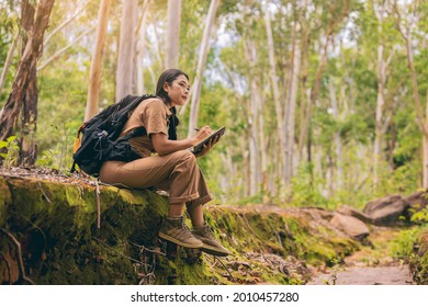 Biologist or botanist recording information about small tropical plants in forest. The concept of hiking to study and research botanical gardens by searching for information. - Powered by Shutterstock