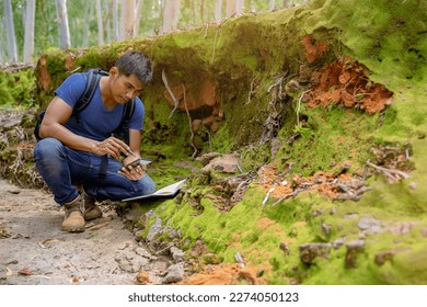 Biologist or botanist recording information about small tropical plants in forest. The concept of hiking to study and research botanical gardens by searching for information.	