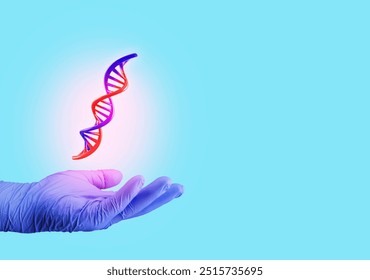 The biologist's hand shows a DNA molecule. Isolated on emerald green background. Concept of DNA repair inside cells.