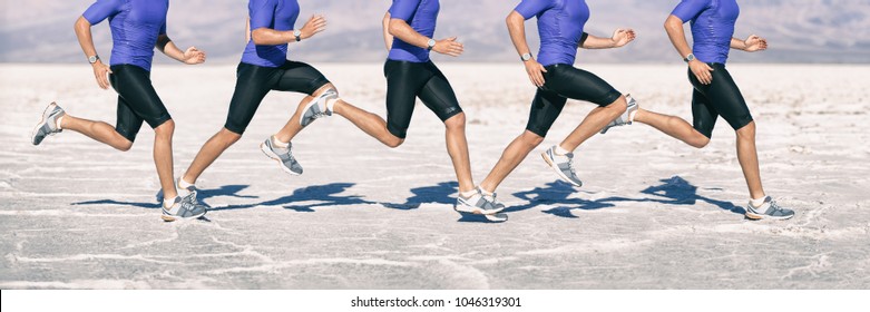 Biomechanics of running - gait cycle movement analysis of runner sprinting through desert jogging fast. Closeup of legs and shoes composite of motion. - Shutterstock ID 1046319301