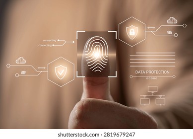 Biometric authentication and data protection concept with fingerprint scanning technology. Cybersecurity, digital identity verification, secure access control, privacy protection and network security.