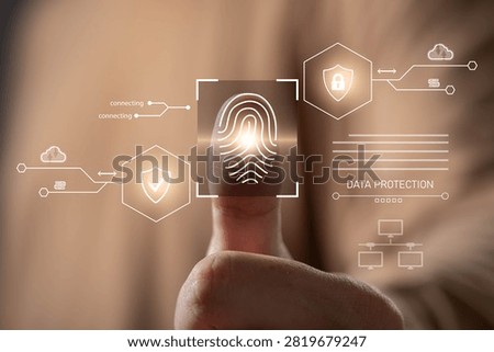Biometric authentication and data protection concept with fingerprint scanning technology. Cybersecurity, digital identity verification, secure access control, privacy protection and network security.
