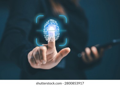 Biometric authentication and digital identity verification concept with fingerprint scanning, cybersecurity protection and secure access control. Advanced technology enhancing data security.