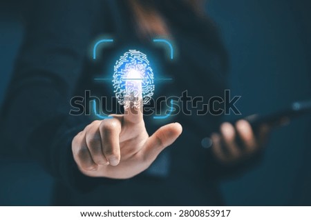 Biometric authentication and digital identity verification concept with fingerprint scanning, cybersecurity protection and secure access control. Advanced technology enhancing data security.