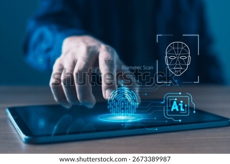 Biometric authentication interface with fingerprint scan, facial recognition, and AI chip icon on tablet. Ideal for digital security, identity verification, and smart access systems