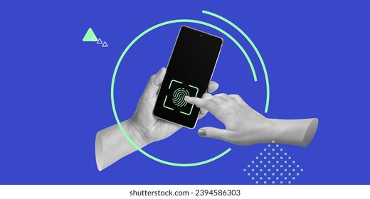 Biometric authorization, digital authentication, cybersecurity concept. A hand puts a finger on the smartphone screen. Minimalistic art collage.