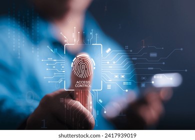 Biometric cyber security system and access control concept. Businessman access security personal financial data on scan fingerprint identification, Cybersecurity and privacy to protect data.