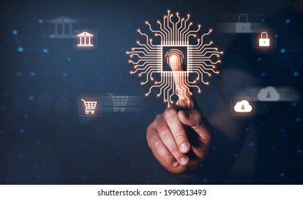biometric fingerprint scan provides security Cyber protection. Internet technology. Data Security  