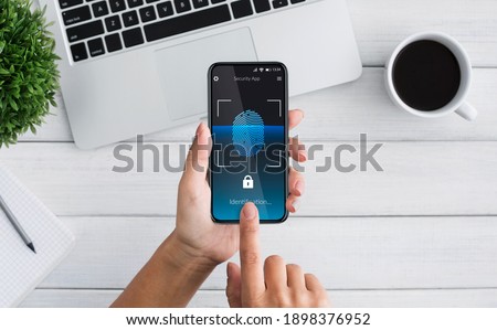 Biometric Identification. Woman Unlocking Smartphone Scanning Fingerprint With Personal Verification App At Workplace Indoor, Top View. Phone Authorization Concept. Collage, Cropped