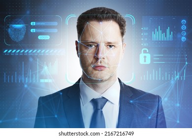 Biometric scanning, authentication by face recognition and safety system concept with digital access interface and handsome man face, double exposure