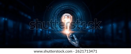 Biometric Security: Authentication, access control, hand of robotic holding glowing biometric security in light bulb on big data processing, privacy protection, innovation, and technology.