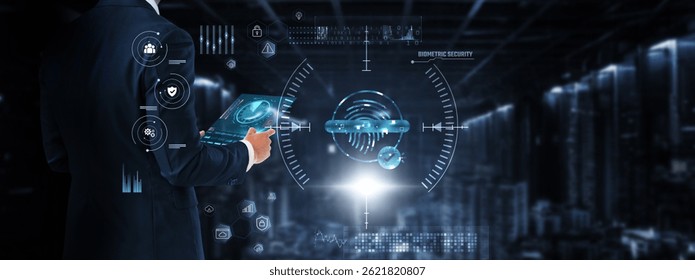 Biometric security: Businessman control and monitoring biometric security technology system on a digital screen. Fingerprint recognition, facial recognition, authentication, identity verification