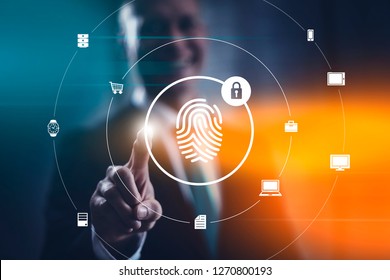 Biometric security concept with fingerprint identification scan and facial recognition. Businessman selecting modern interface. 