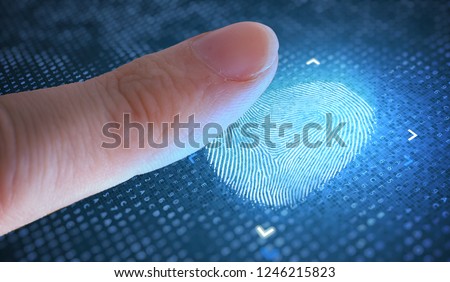 Biometric and security concept. Scanning fingerprint from finger.