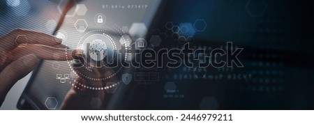 Biometric security, data encryption. Businessman using fingerprint identity to access personal financial data, network security for mobile app, software development technology against cyber crime