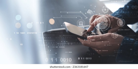 Biometric security network, privacy data protection. Woman fingerprint identification on mobile phone to access personal financial data, mobile banking app, cyber security technology, data encryption - Powered by Shutterstock