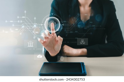 Biometric security network, privacy data protection. Businessman using fingerprint identification to access personal financial data, cybersecurity technology against digital cyber crime