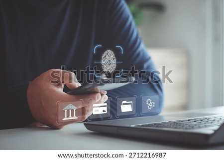 Biometric Security System. Authentication by fingerprint scan concept. Digital connection, data protection. Businessman scan fingerprint with a mobile smartphone to unlock and access personal data.