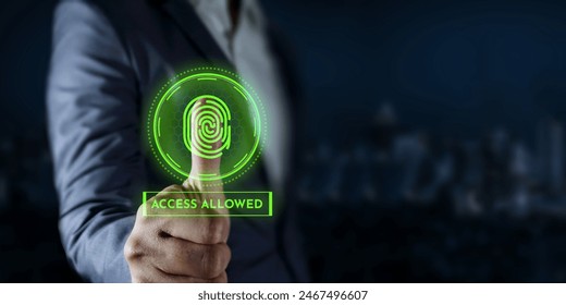 Biometric security system Man uses thumb to access data, Access permission system on screen cyber security innovation technology	
