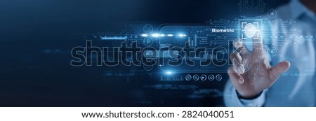 Biometric security. Technician touch using hand identity network Virtual screen scanner. Utilizing unique physical traits for high-level authentication and access control systems.