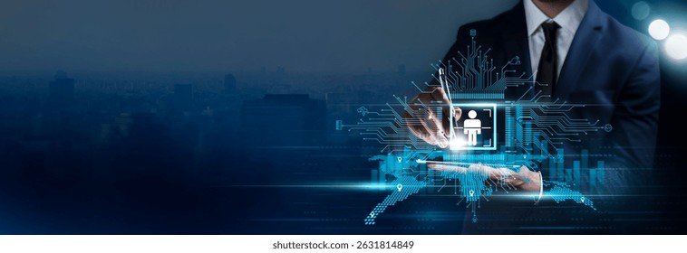 Biometric Security Technology, Businessman Touching the Technology Smart Solutions and Secure Methods of Data Searching for Business and Marketing. Enhanced Security Measures.